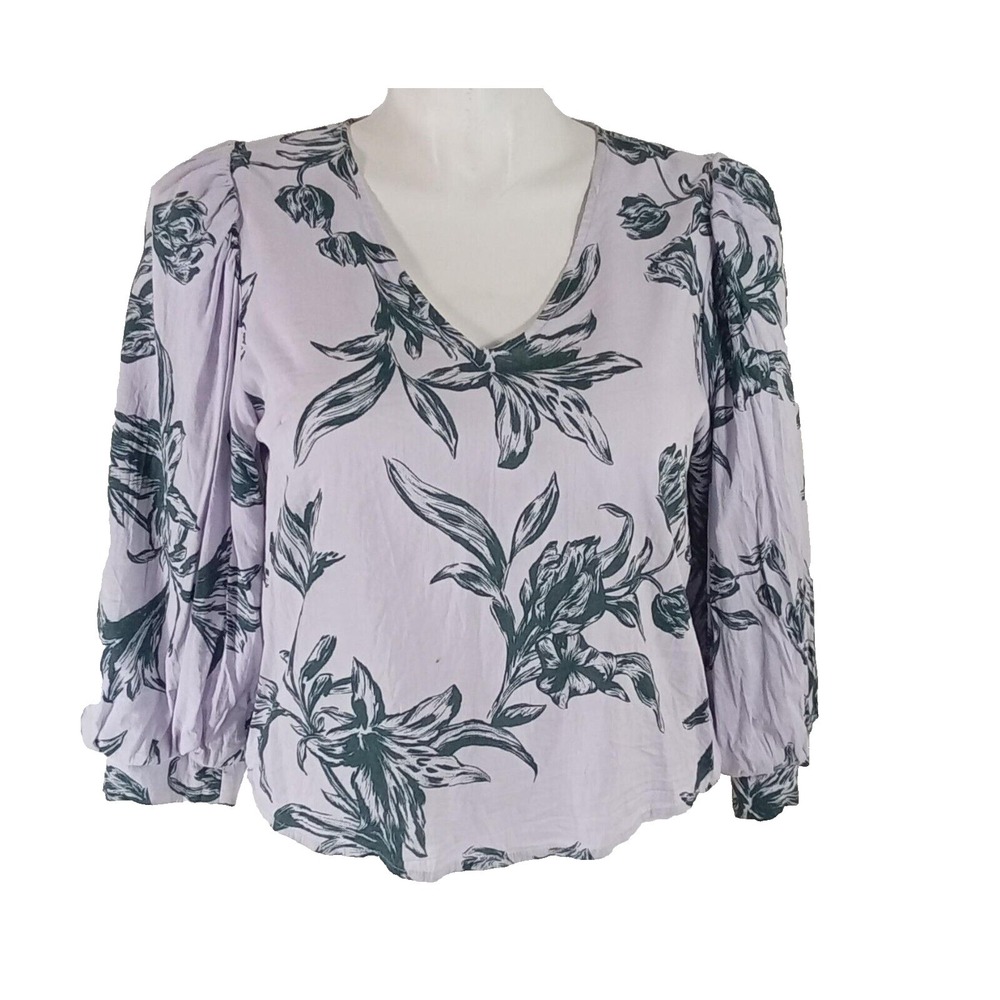 A New Day Top LARGE Lavender Purple Black Tulip Floral Print Puff Long Sl Blouse